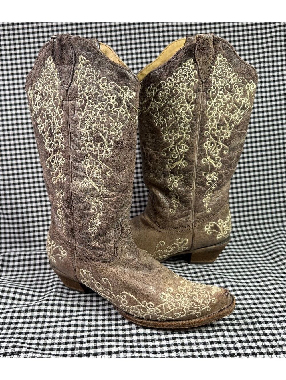 Corral Women’s 11 Beige Leather Cowboy Boots Cream Floral Embroidered Western